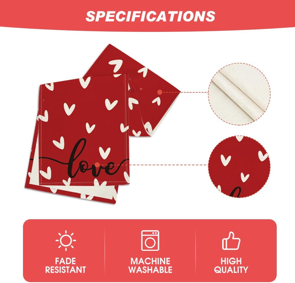 Red Love Valentine's Day Table Runner, Seasonal Anniversary Kitchen Dining Table Decoration for Indoor Home Party 13x72 Inch