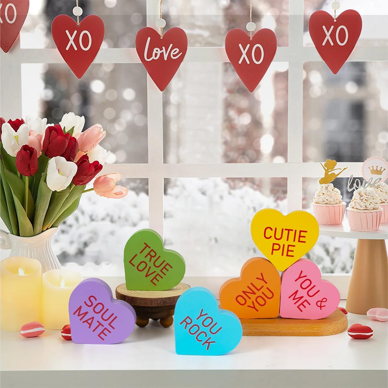 Valentines Day Decor - 6PCS Double-sided Wooden Valentine's Conversation Hearts for Tiered Tray Shelf Mantel Decor