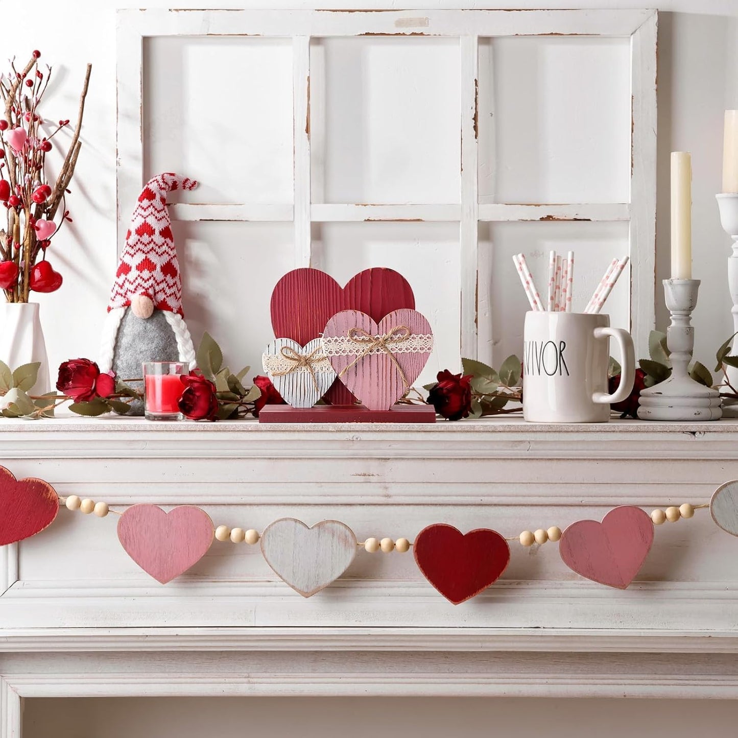 Rustic Red Pink White Wood Heart Table Valentines Day Decor Sign