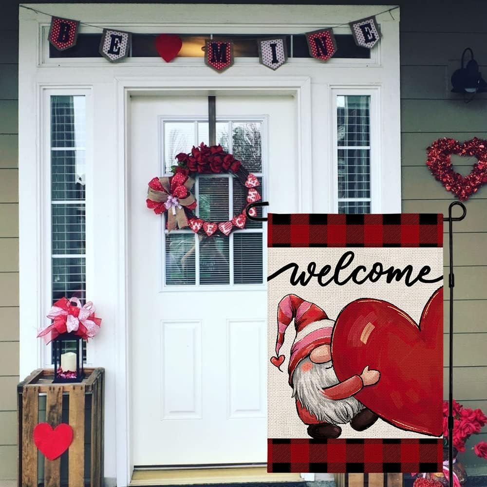 Welcome Gnome Love Heart Garden Flag Vertical Double Sided 12×18 Inch