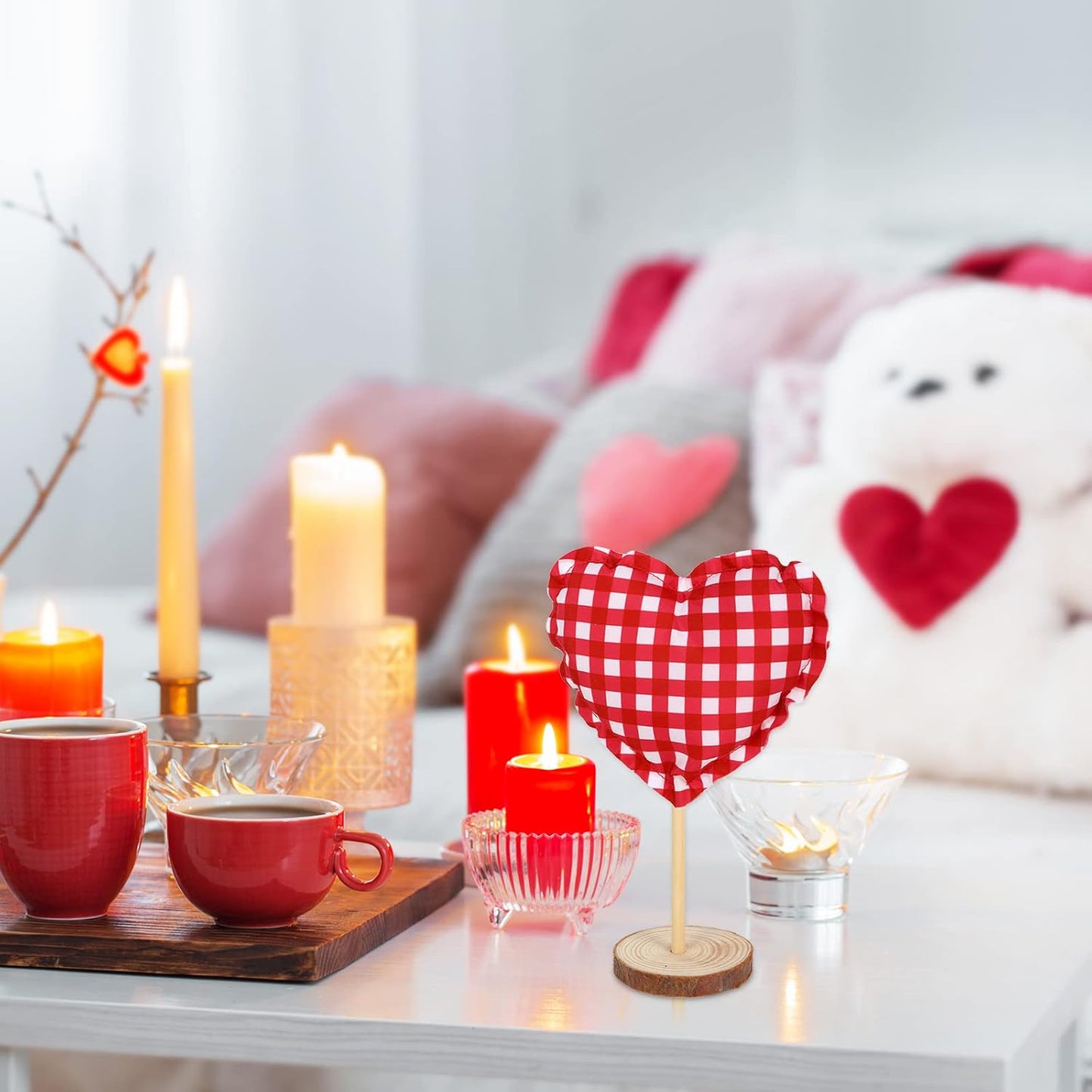 5Pcs Valentine's Day Fabric Tall Standing Heart Block Set Heart Tabletop Centerpiece Sign Wood Valentine Heart Standing Blocks