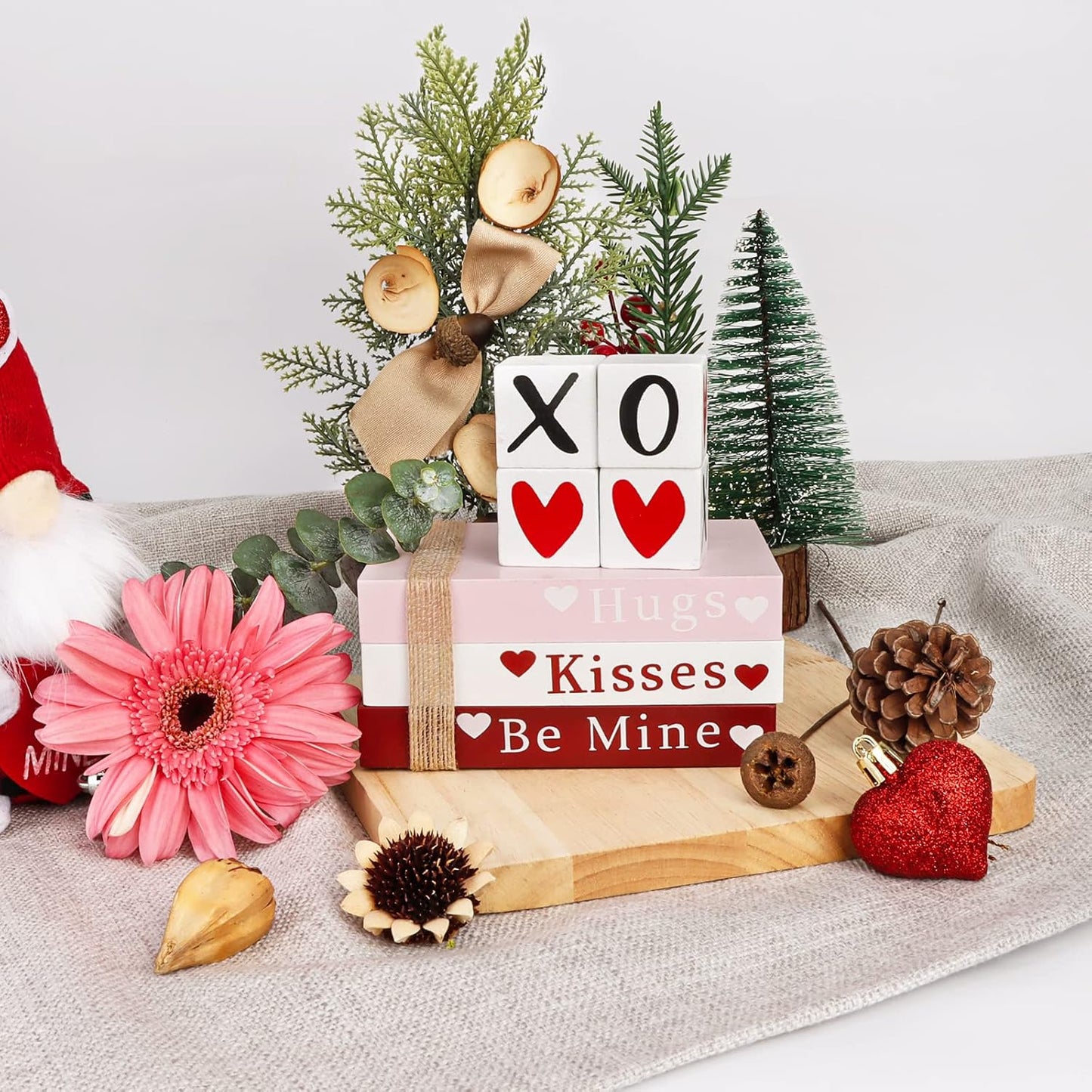 Valentines Day Decor, Wooden Book Stack with 4 XOXO Valentines Decor Signs