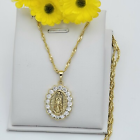 14K Gold Plated Our Lady of Guadalupe Necklace Oval CZ Pendant & Chain Virgen
