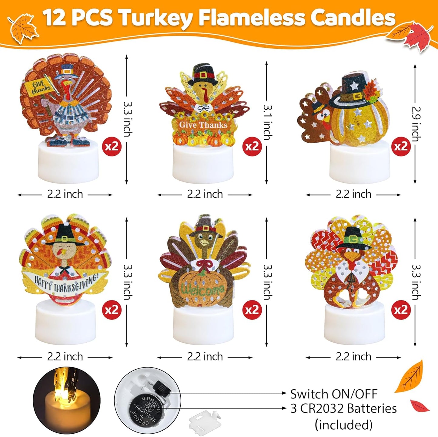 12 PCS Turkey Tea Lights Candles Battery Operated Thanksgiving LED Flameless Tealight Candles