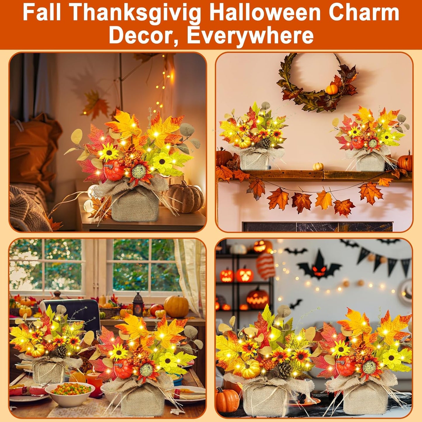 2 Pack 11 Inch Fall Maple Tree Thanksgiving Decor, Artificial Tabletop Fall Tree with 20 LEDs Battery Powered