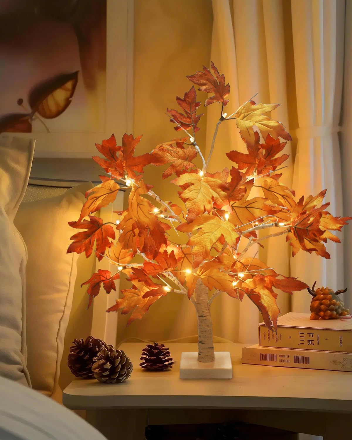 2-Packs Maple Fall Light Up Tree w/ 24 Led 22 Inches White Artificial Tree Battery Operated for Halloween Decorations Thanksgiving
