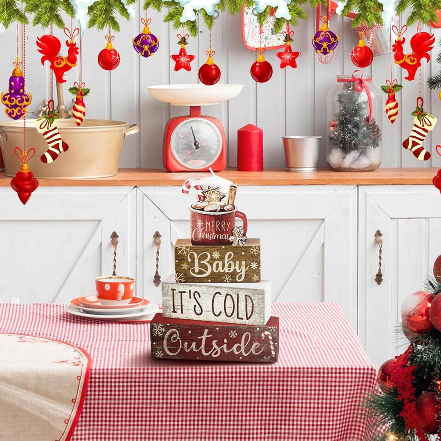 4 Pcs Wooden Christmas Tabletop Decor Christmas Cocoa Tiered Tray Decor Rustic Wood Hot Cocoa Block Sign Gift, Cocoa