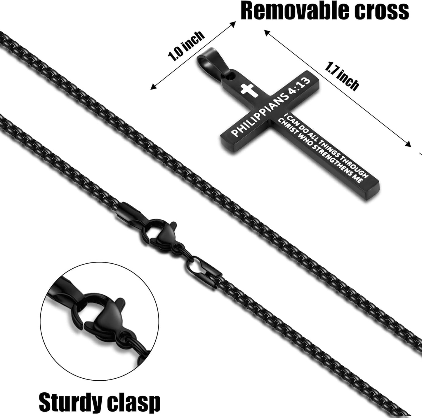 Bible Verse Cross Necklace for Men, Stainless Steel Mens Necklace, Black/Gold/Silver Tone Cross Pendant for Men