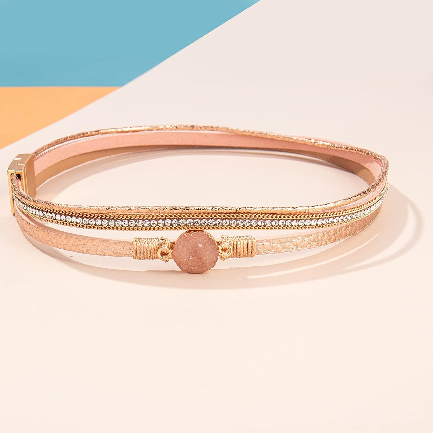Boho Wrap Bracelets Leather Cuff Bracelet Bohemian Jewelry Resin Stone Leather Necklace with Clasp for Women, Rose Gold