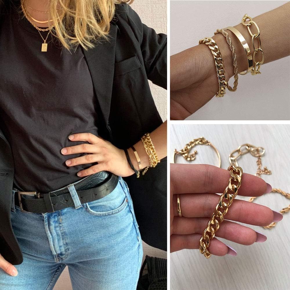 Gold Bracelets for Women, 14K Gold Plated Dainty Layered Chain Bracelets Adjustable Cute Bangle Link Bracelet Set