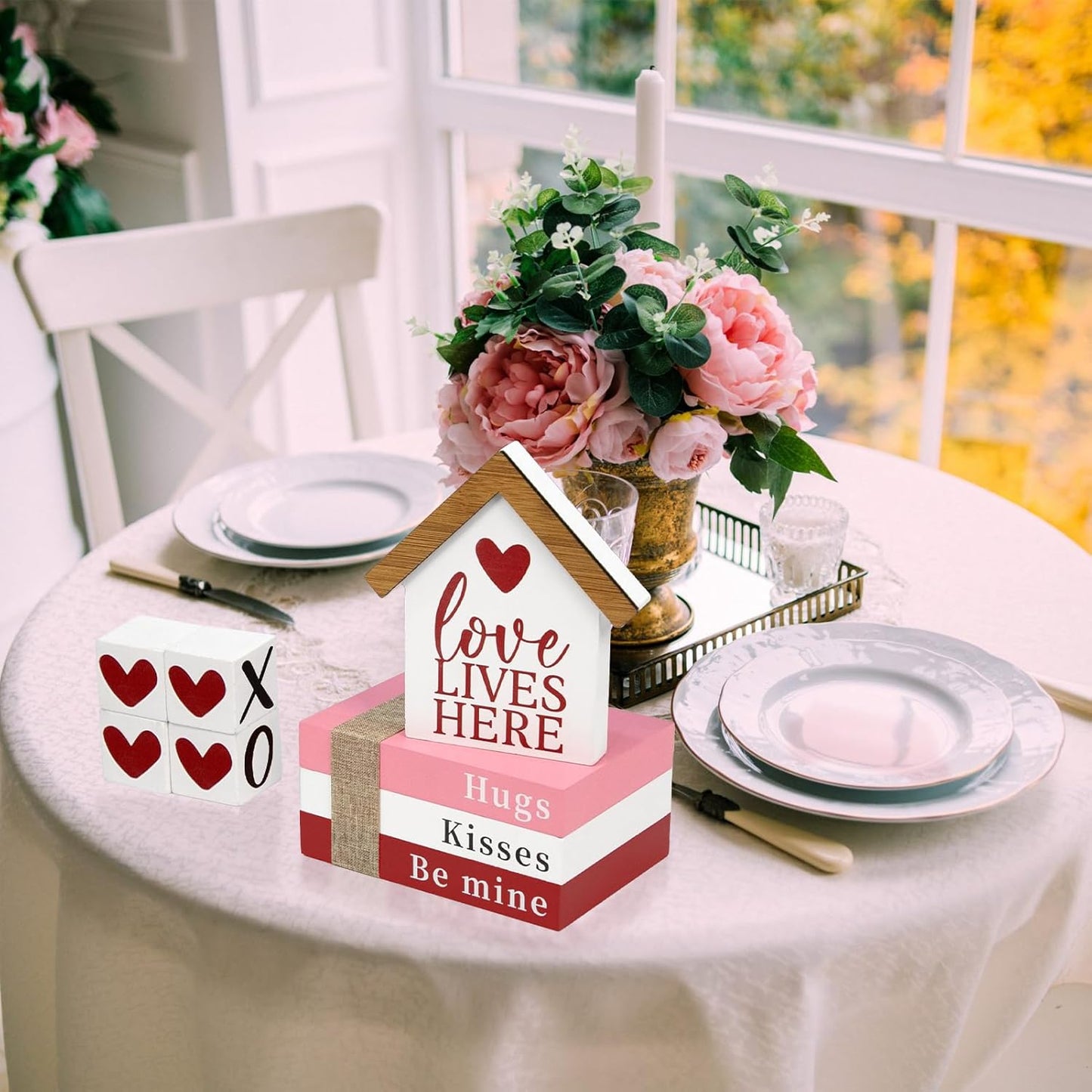 Valentines Day Decorations, Valentine Wood Book Stack with XOXO Blocks for Table Shelf Tiered Tray Decor