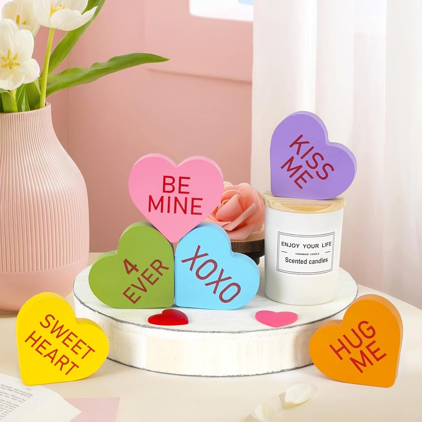 Valentines Day Decor - 6PCS Double-sided Wooden Valentine's Conversation Hearts for Tiered Tray Shelf Mantel Decor
