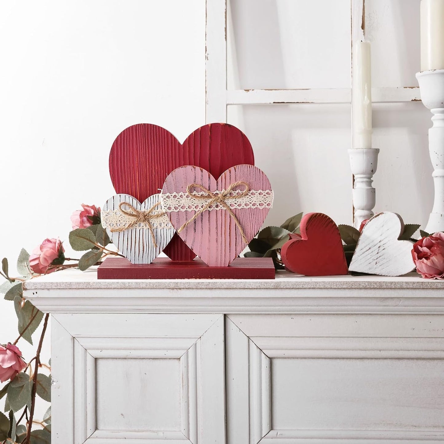 Rustic Red Pink White Wood Heart Table Valentines Day Decor Sign