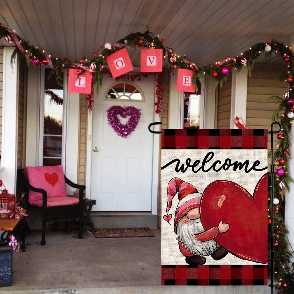 Welcome Gnome Love Heart Garden Flag Vertical Double Sided 12×18 Inch
