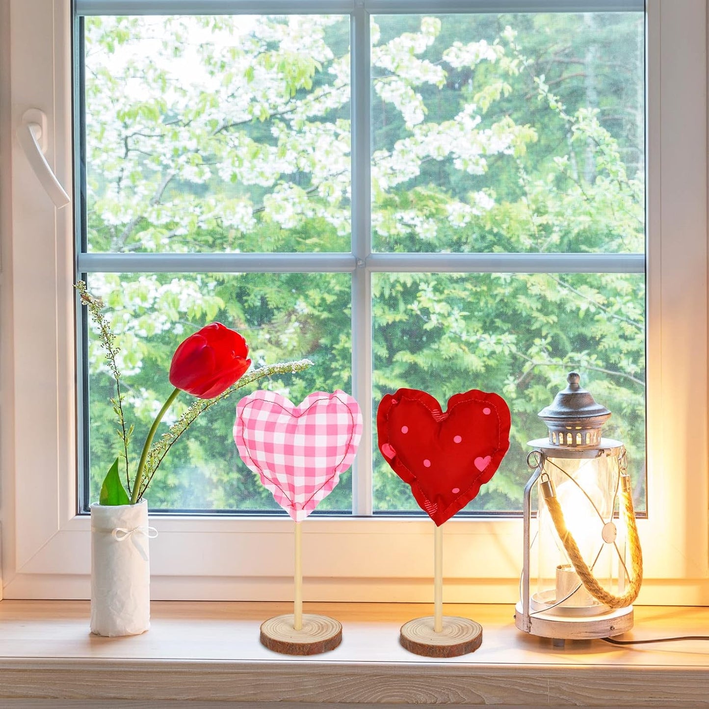 5Pcs Valentine's Day Fabric Tall Standing Heart Block Set Heart Tabletop Centerpiece Sign Wood Valentine Heart Standing Blocks