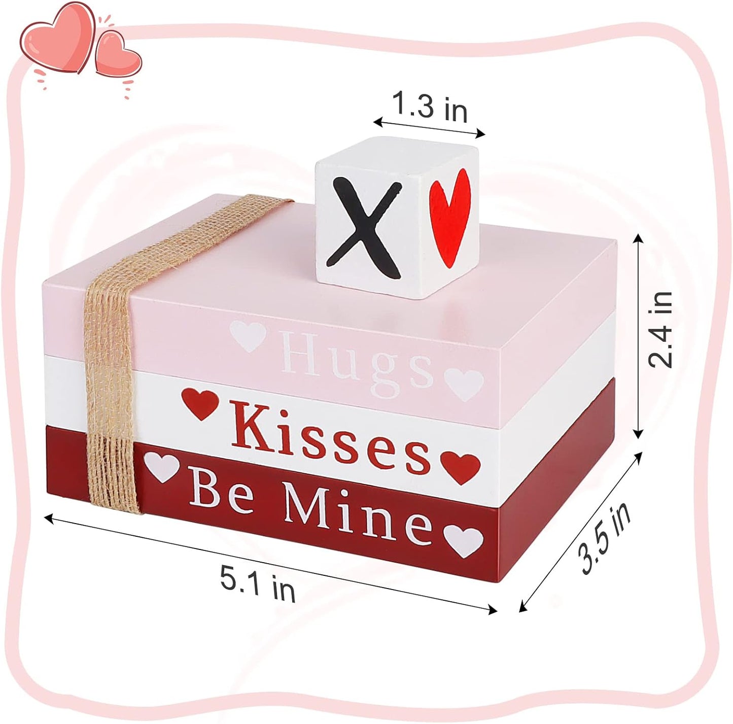 Valentines Day Decor, Wooden Book Stack with 4 XOXO Valentines Decor Signs