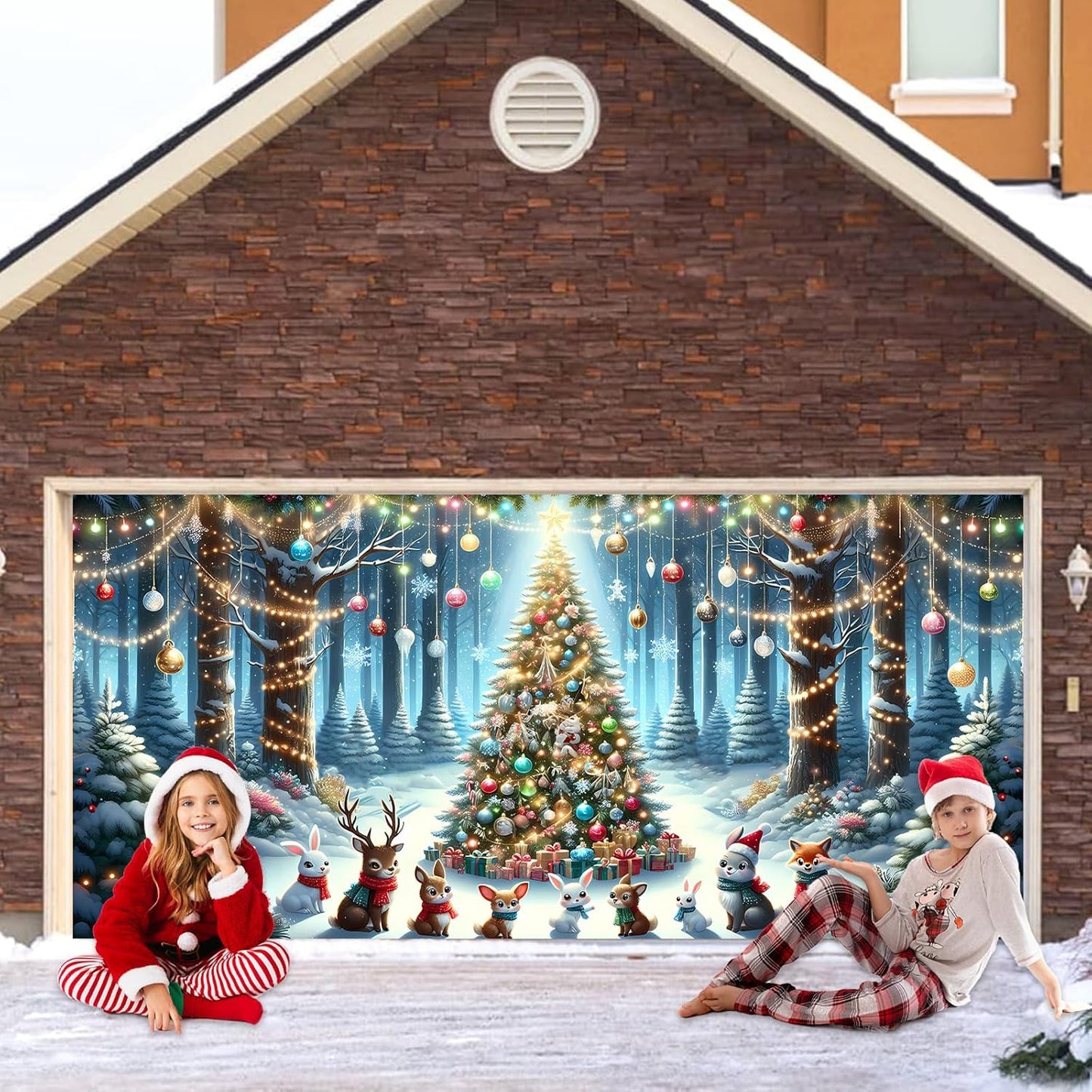 Xmas Garage Door Banner Covering Decor Large Garage Door Christmas Mural Backdrop Background, 13x6 ft