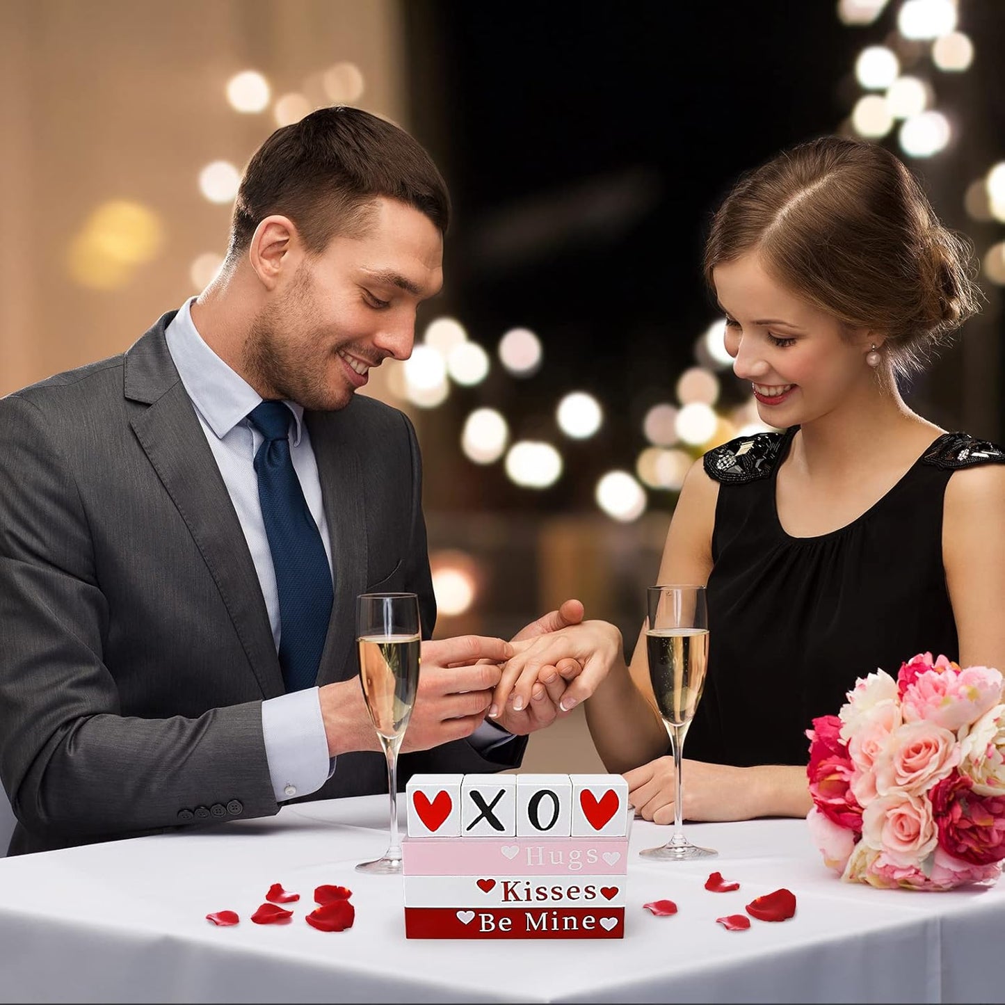 Valentines Day Decor, Wooden Book Stack with 4 XOXO Valentines Decor Signs