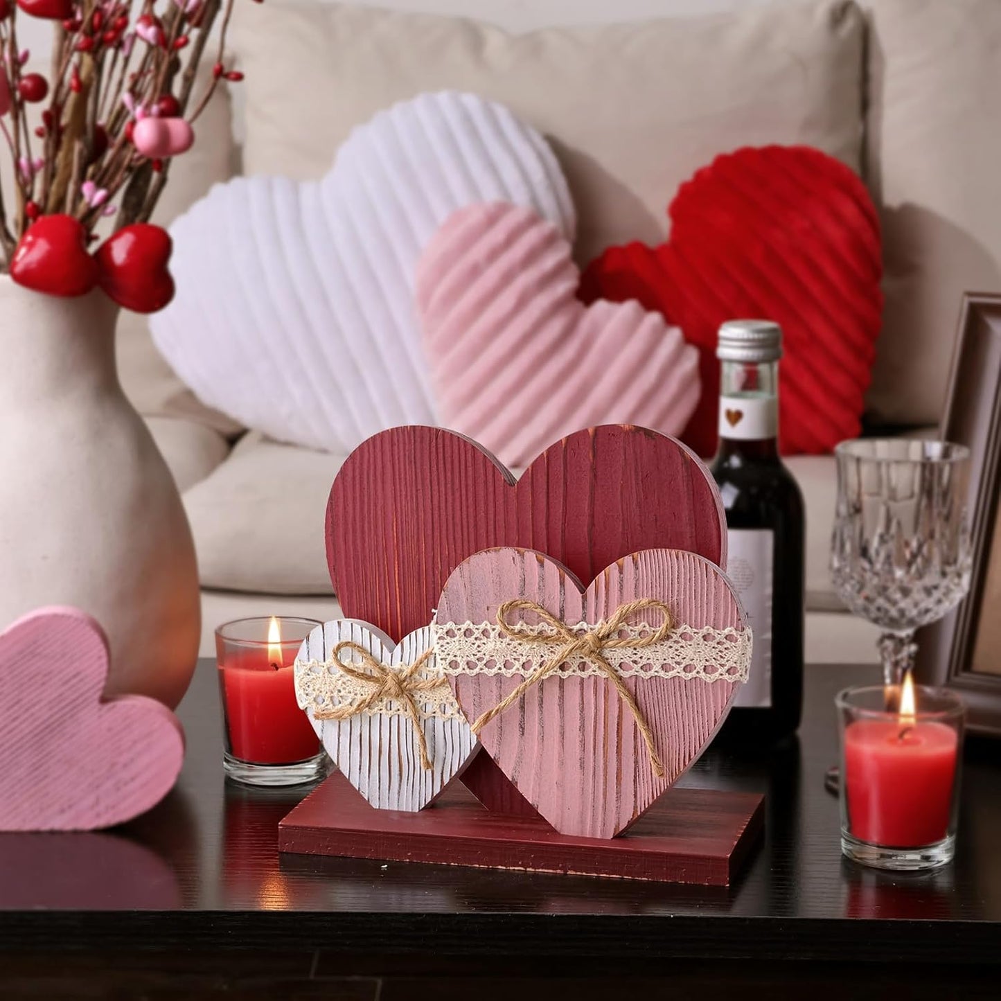 Rustic Red Pink White Wood Heart Table Valentines Day Decor Sign