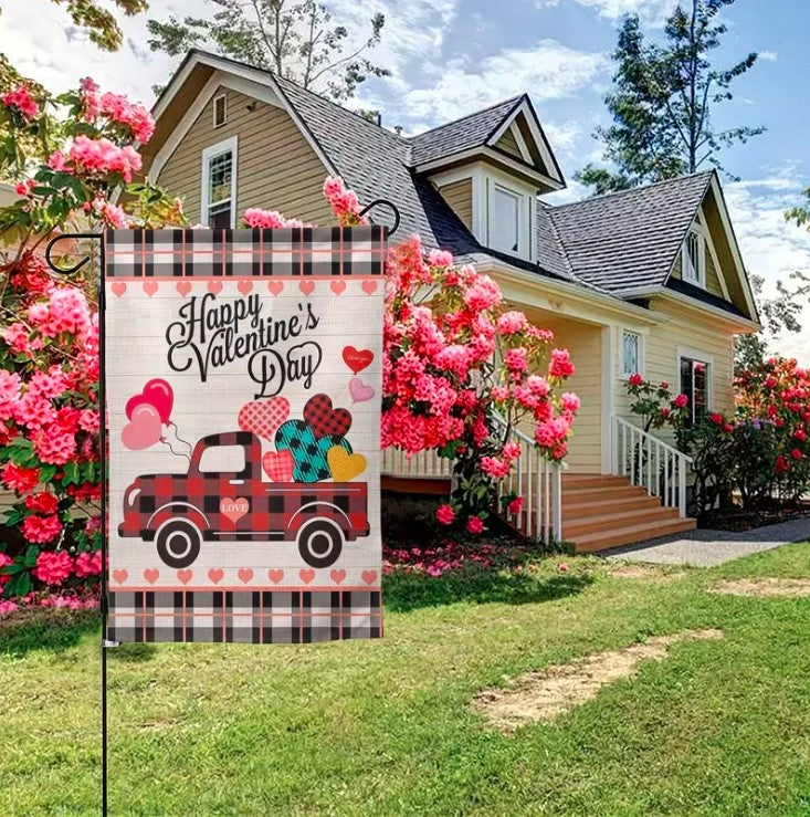 Happy Valentines Day Farmhouse Truck Garden Flag 12.5"X18" Double Sided