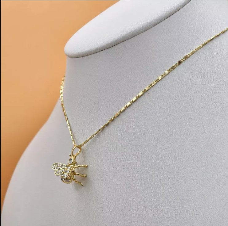 14K Gold Plated Clear CZ Queen Bee Pendant & Chain Necklace. Diligence Wisdom
