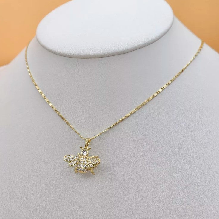 14K Gold Plated Clear CZ Queen Bee Pendant & Chain Necklace. Diligence Wisdom
