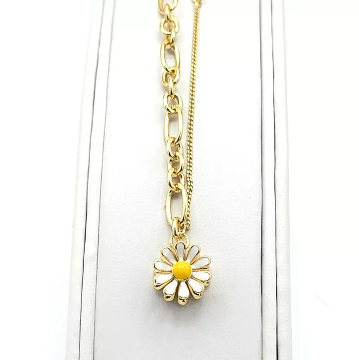 14K Gold Plated White Daisy Flower Charm Pendant Fancy Chain Necklace