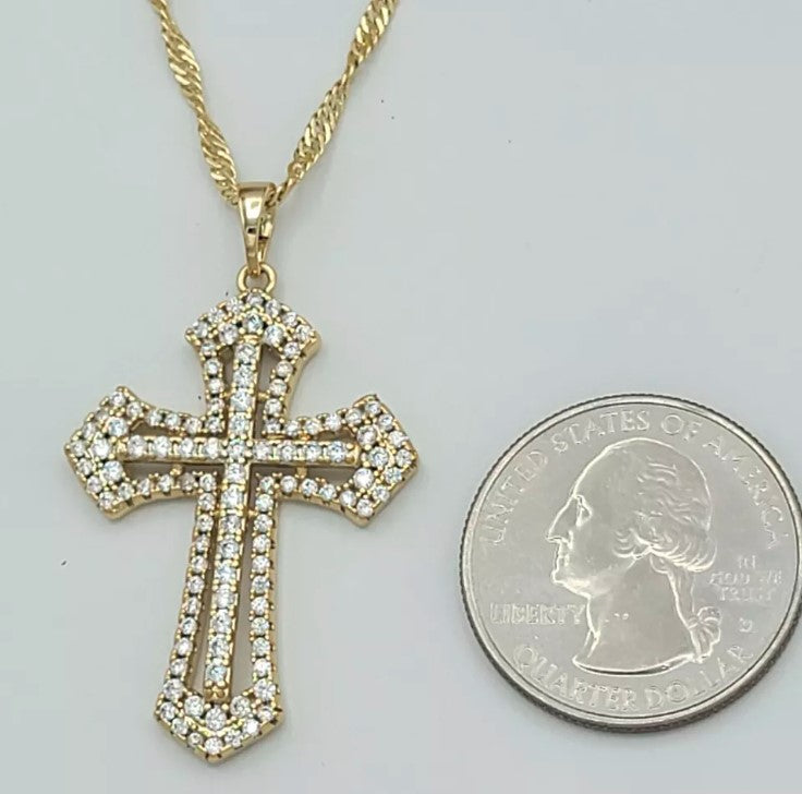14K Gold Plated Iced Cross Pendant Crystal Necklace & 18in Chain Oro laminado