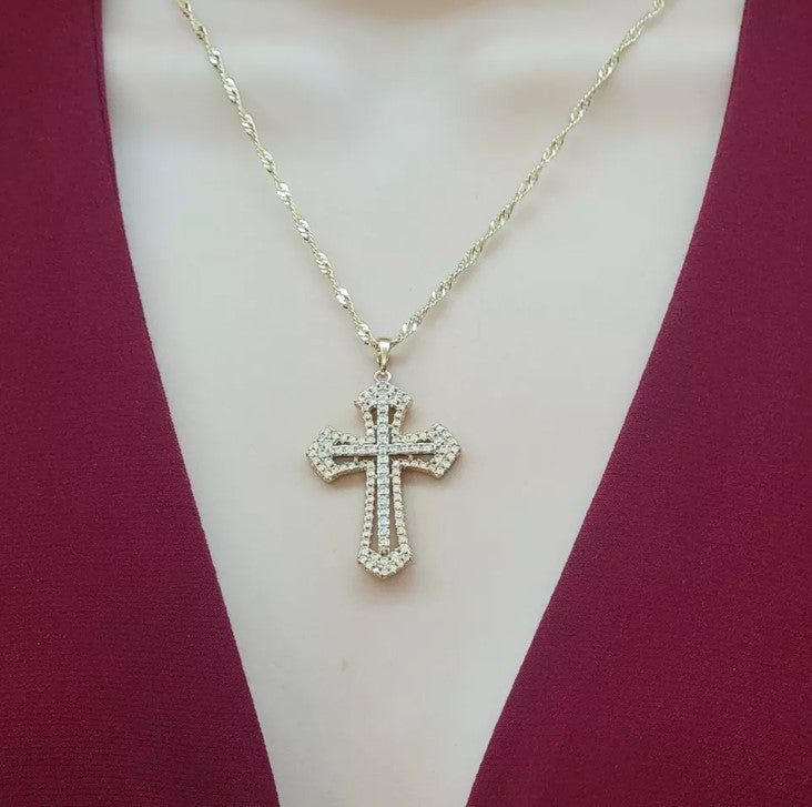 14K Gold Plated Iced Cross Pendant Crystal Necklace & 18in Chain Oro laminado