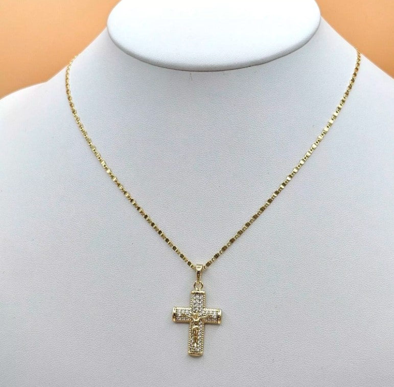 14K Gold Plated Crucifix Cross Pendant Necklace Chain Set