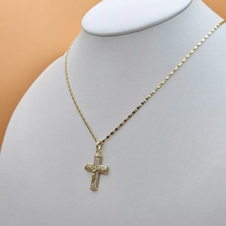 14K Gold Plated Crucifix Cross Pendant Necklace Chain Set