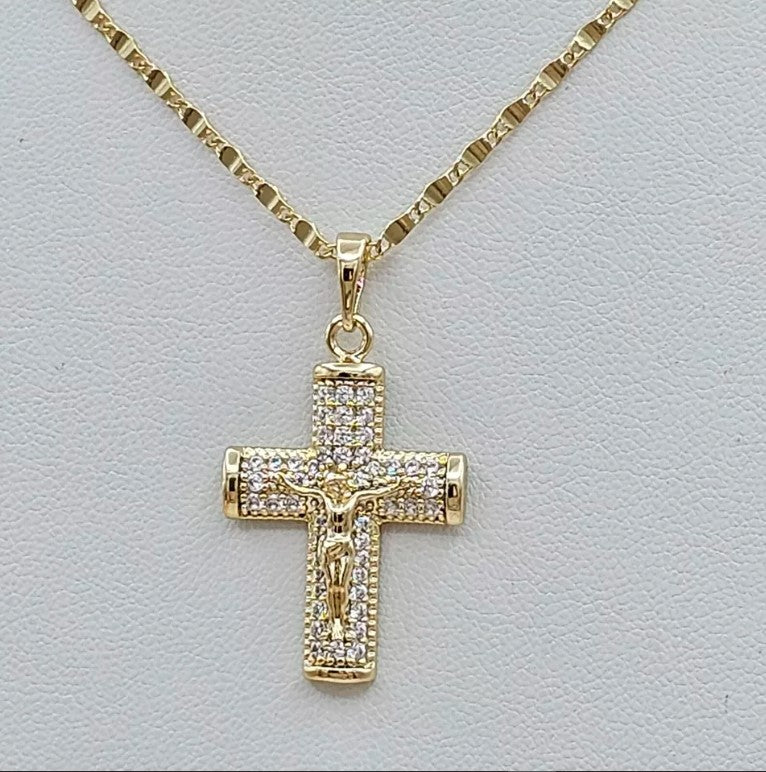 14K Gold Plated Crucifix Cross Pendant Necklace Chain Set