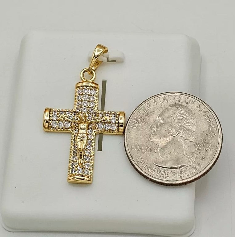 14K Gold Plated Crucifix Cross Pendant Necklace Chain Set