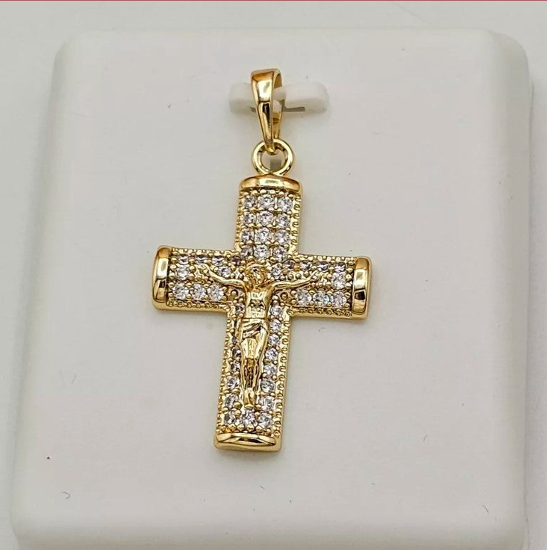 14K Gold Plated Crucifix Cross Pendant Necklace Chain Set