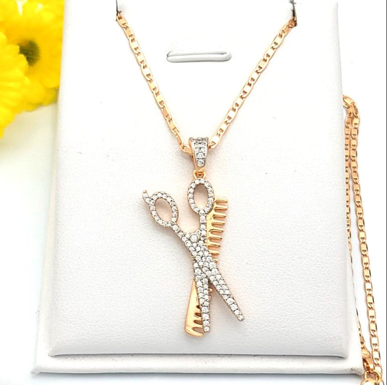 18K Gold Plated Barber Shop Scissors Comb Pendant & Chain Necklace