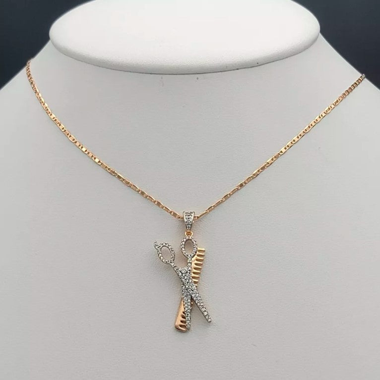 18K Gold Plated Barber Shop Scissors Comb Pendant & Chain Necklace