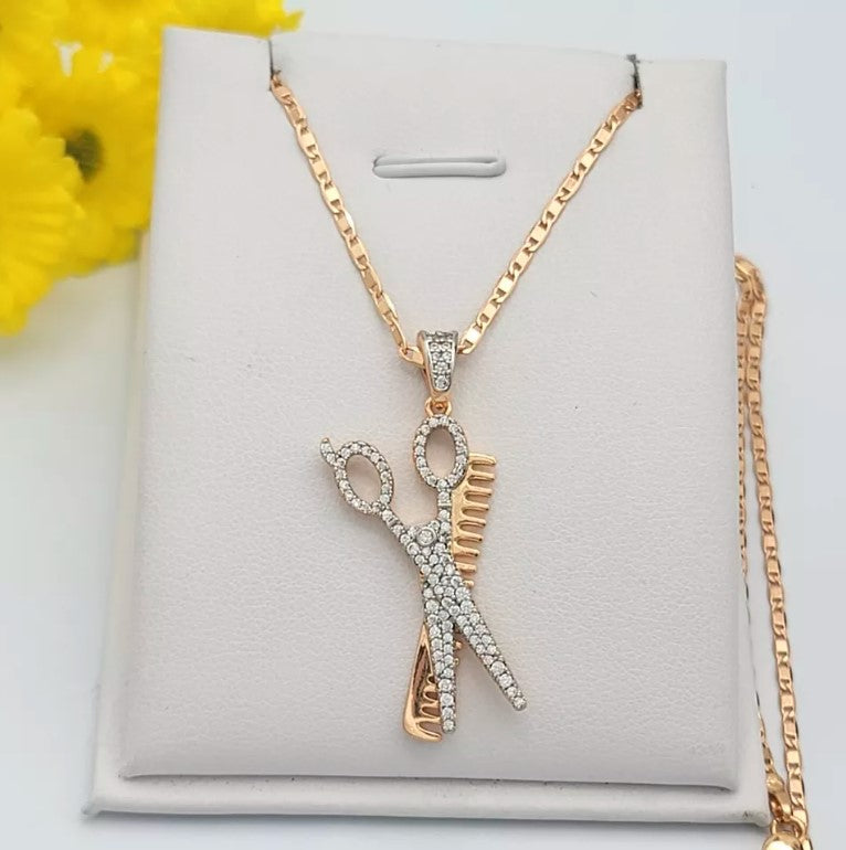 18K Gold Plated Barber Shop Scissors Comb Pendant & Chain Necklace