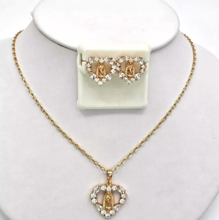18K Gold Plated Our Lady Virgen Guadalupe Heart Pendant - Chain & Earrings Set