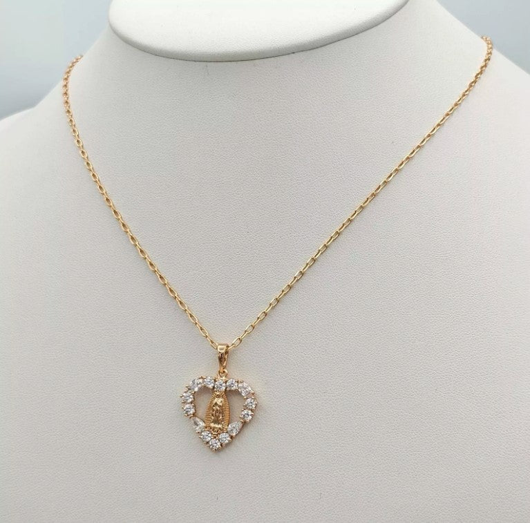 18K Gold Plated Our Lady Virgen Guadalupe Heart Pendant - Chain & Earrings Set