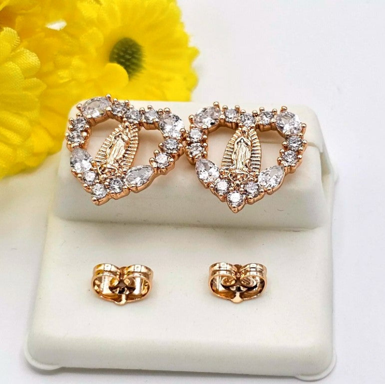 18K Gold Plated Our Lady Virgen Guadalupe Heart Pendant - Chain & Earrings Set