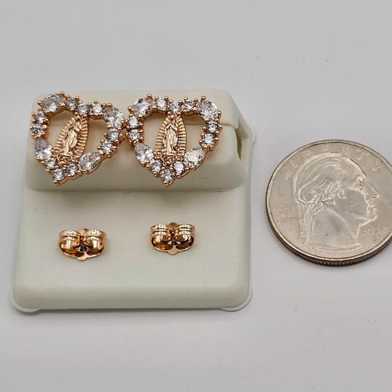 18K Gold Plated Our Lady Virgen Guadalupe Heart Pendant - Chain & Earrings Set