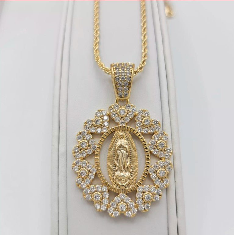14K Gold Plated Our Lady Guadalupe Icy Pendant Heart Necklace Virgen Guadalupana