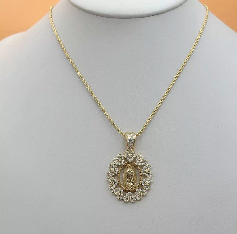 14K Gold Plated Our Lady Guadalupe Icy Pendant Heart Necklace Virgen Guadalupana