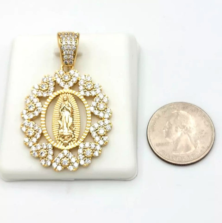 14K Gold Plated Our Lady Guadalupe Icy Pendant Heart Necklace Virgen Guadalupana