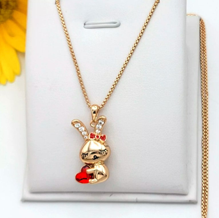 18K Gold Plated Cute Rabbit Bunny Pendant Necklace Red Heart Crystal & Bow