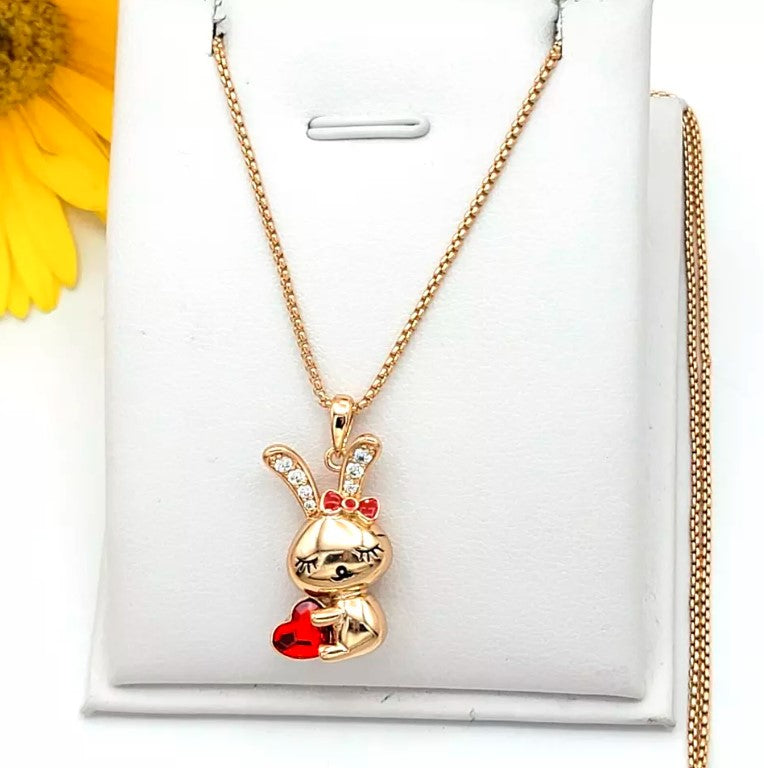 18K Gold Plated Cute Rabbit Bunny Pendant Necklace Red Heart Crystal & Bow