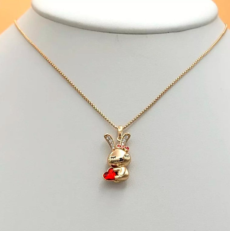 18K Gold Plated Cute Rabbit Bunny Pendant Necklace Red Heart Crystal & Bow