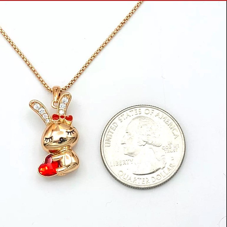 18K Gold Plated Cute Rabbit Bunny Pendant Necklace Red Heart Crystal & Bow