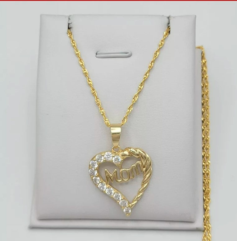 925 Solid Sterling Silver & Gold Plated. CZ Mom Heart Mother Pendant Necklace