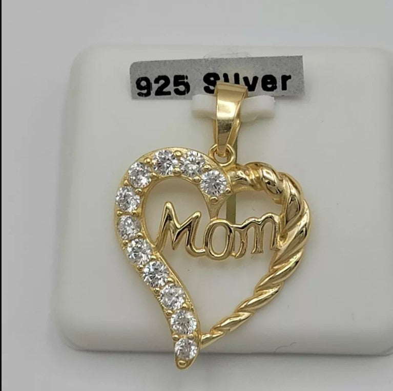 925 Solid Sterling Silver & Gold Plated. CZ Mom Heart Mother Pendant Necklace